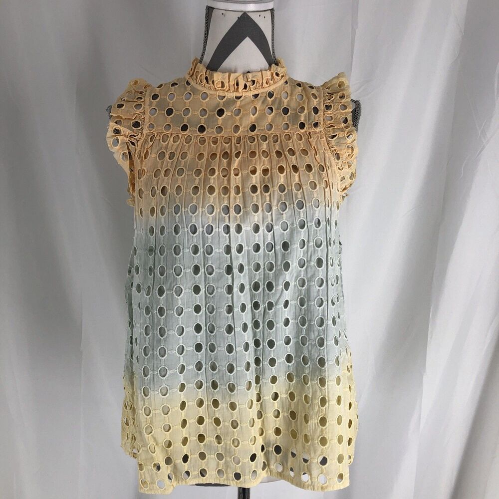 Ollari Orange, Yellow & Green Eyelet Sleeveless Top Size XS
